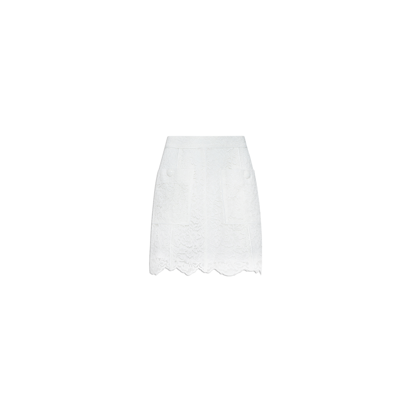 Riven Lace Mini Skirt: White A-line mini skirt featuring scalloped hems and front patch pockets, crafted from semi-sheer lace and shown against a plain white background.