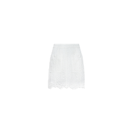 Riven Lace Mini Skirt: White A-line mini skirt featuring scalloped hems and front patch pockets, crafted from semi-sheer lace and shown against a plain white background.