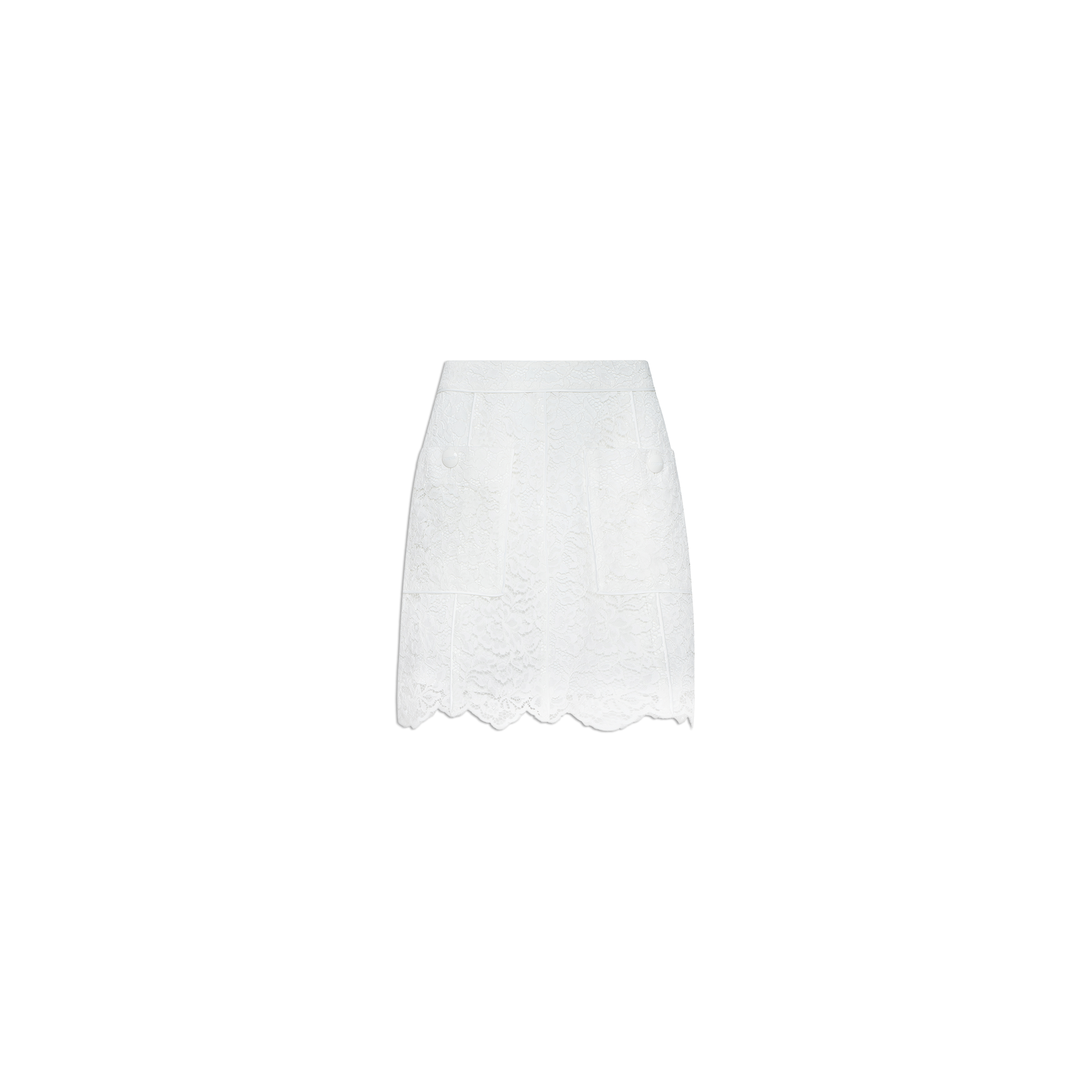 Riven Lace Mini Skirt: White A-line mini skirt featuring scalloped hems and front patch pockets, crafted from semi-sheer lace and shown against a plain white background.