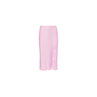 The Tico Silk Lace Skirt is a light pink silk midi skirt, knee-length, featuring a delicate eyelash lace trim along the hem, displayed against a plain white background.