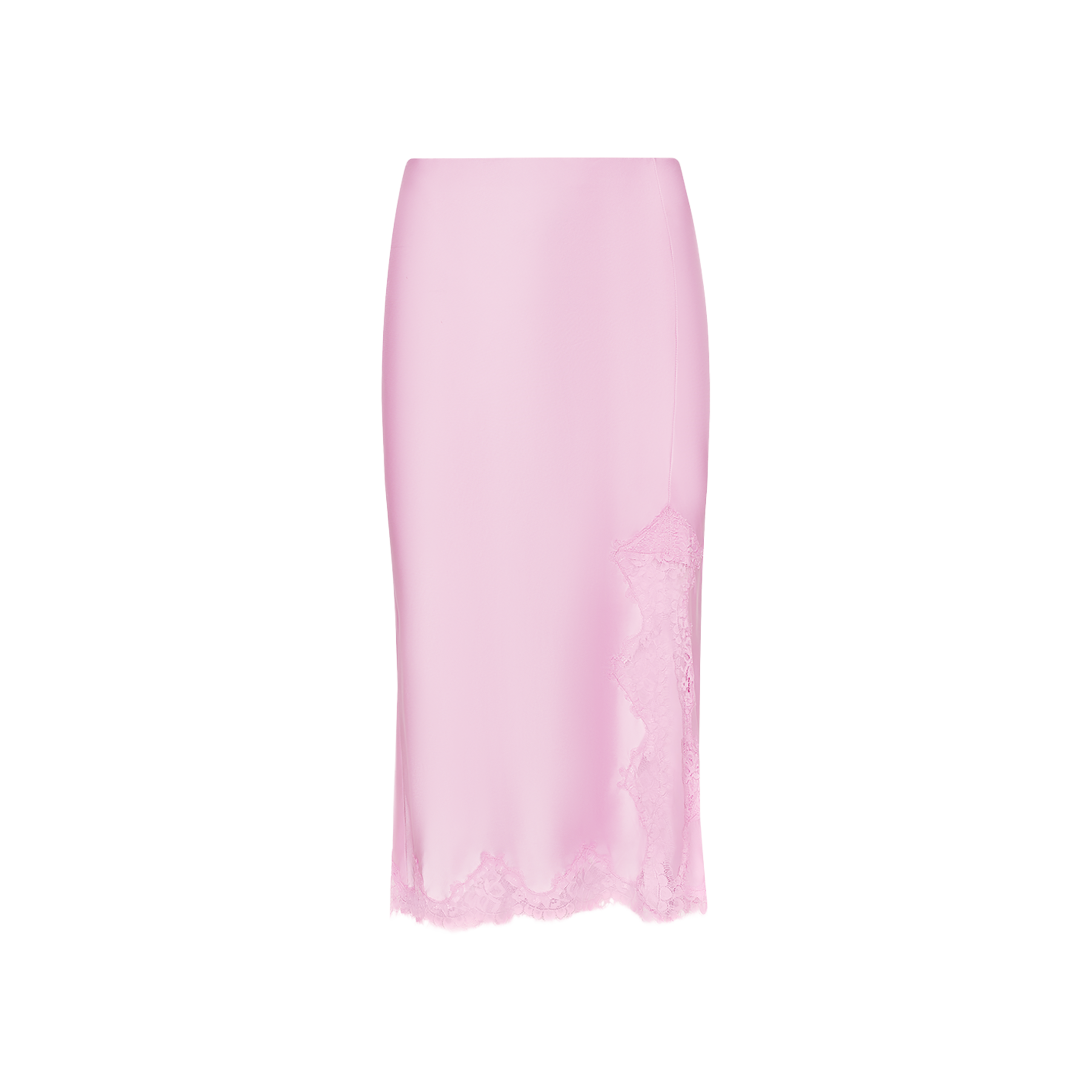 The Tico Silk Lace Skirt, a light pink high-waisted midi skirt, features delicate eyelash lace trim along the hem and side, displayed on a plain white background.
