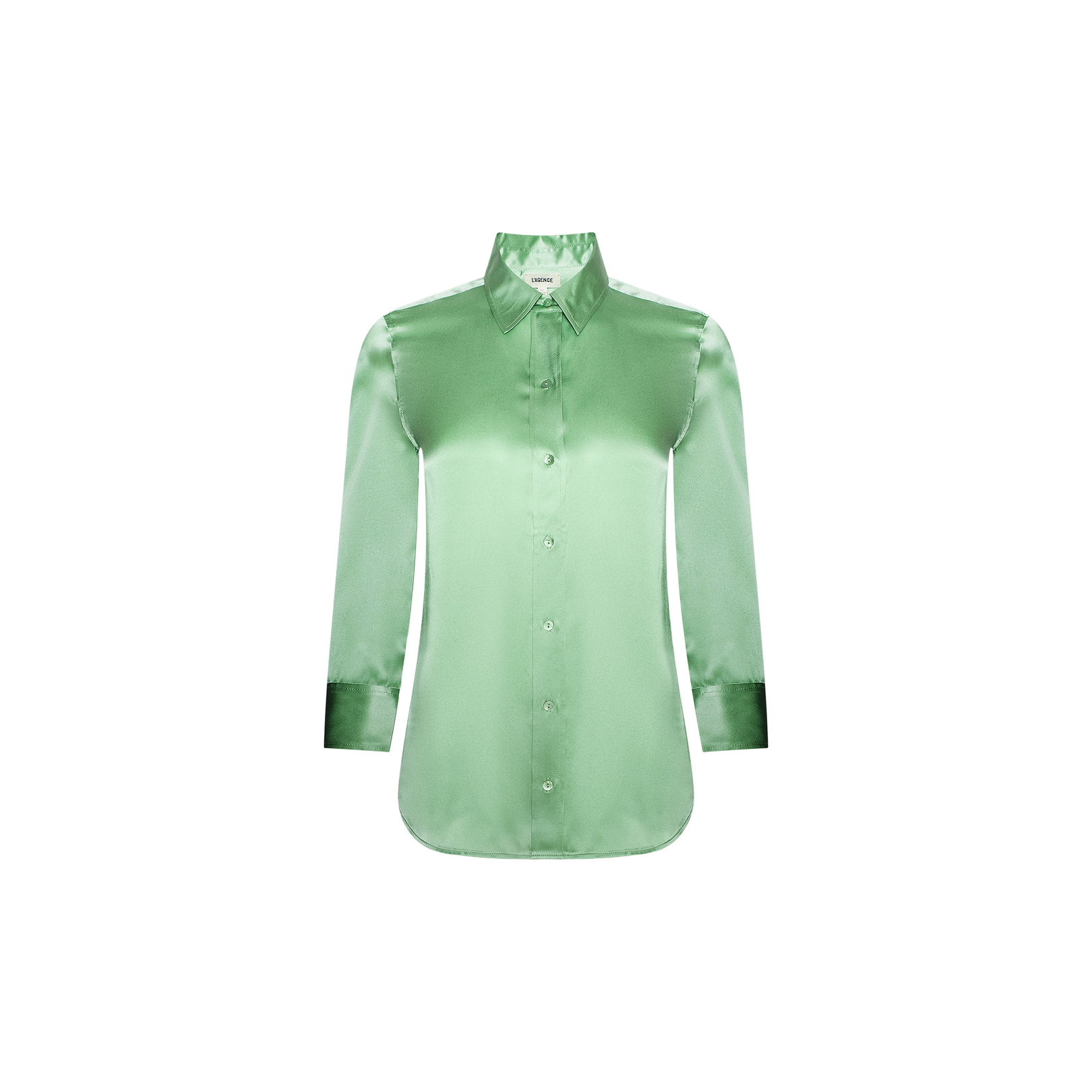 A long-sleeve, button-down Dani Silk Blouse in light green satin, featuring a pointed collar, shown on a plain white background.