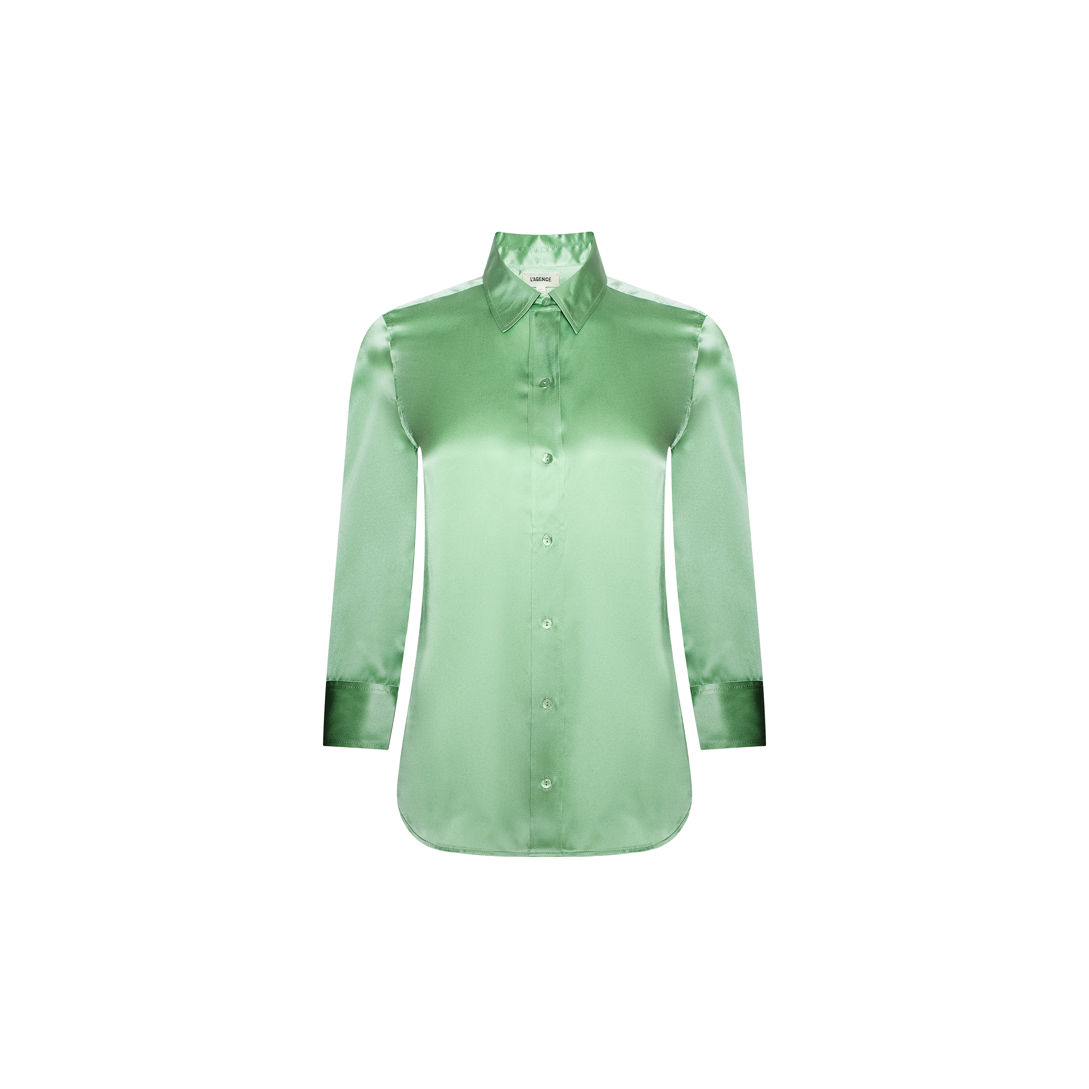 The Dani Silk Blouse is a light green, long-sleeve button-down top with a pointed collar and front buttons, crafted from luxurious silk charmeuse and shown against a white background.