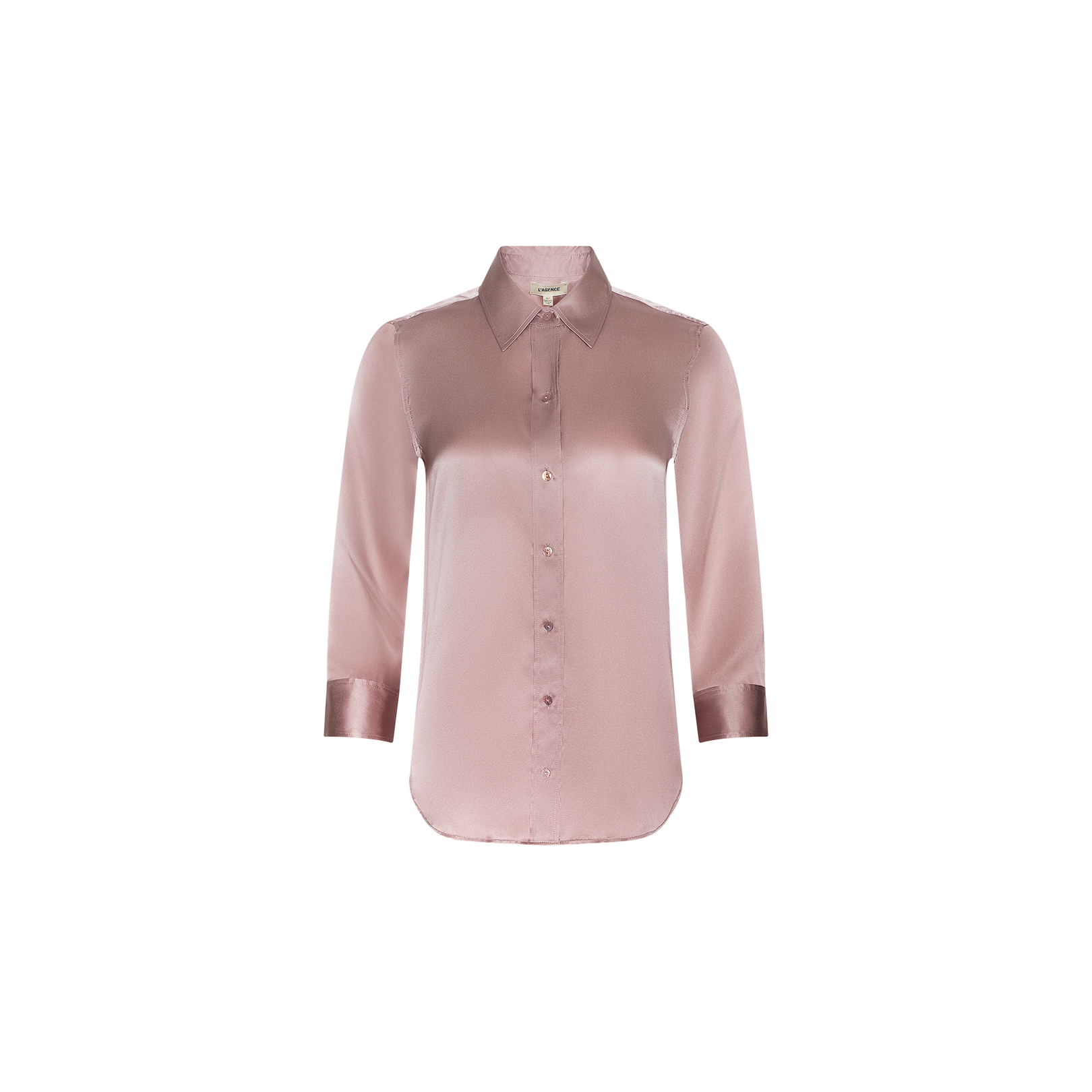 The Dani Silk Blouse is a silky, light pink top crafted from luxurious silk charmeuse, featuring a button-up front with a collared neckline and elegant three-quarter sleeves, displayed against a plain white background.