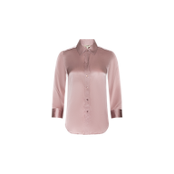 The Dani Silk Blouse is a light pink, 100 silk charmeuse button-up featuring long sleeves and a classic collar, displayed on a plain white background.