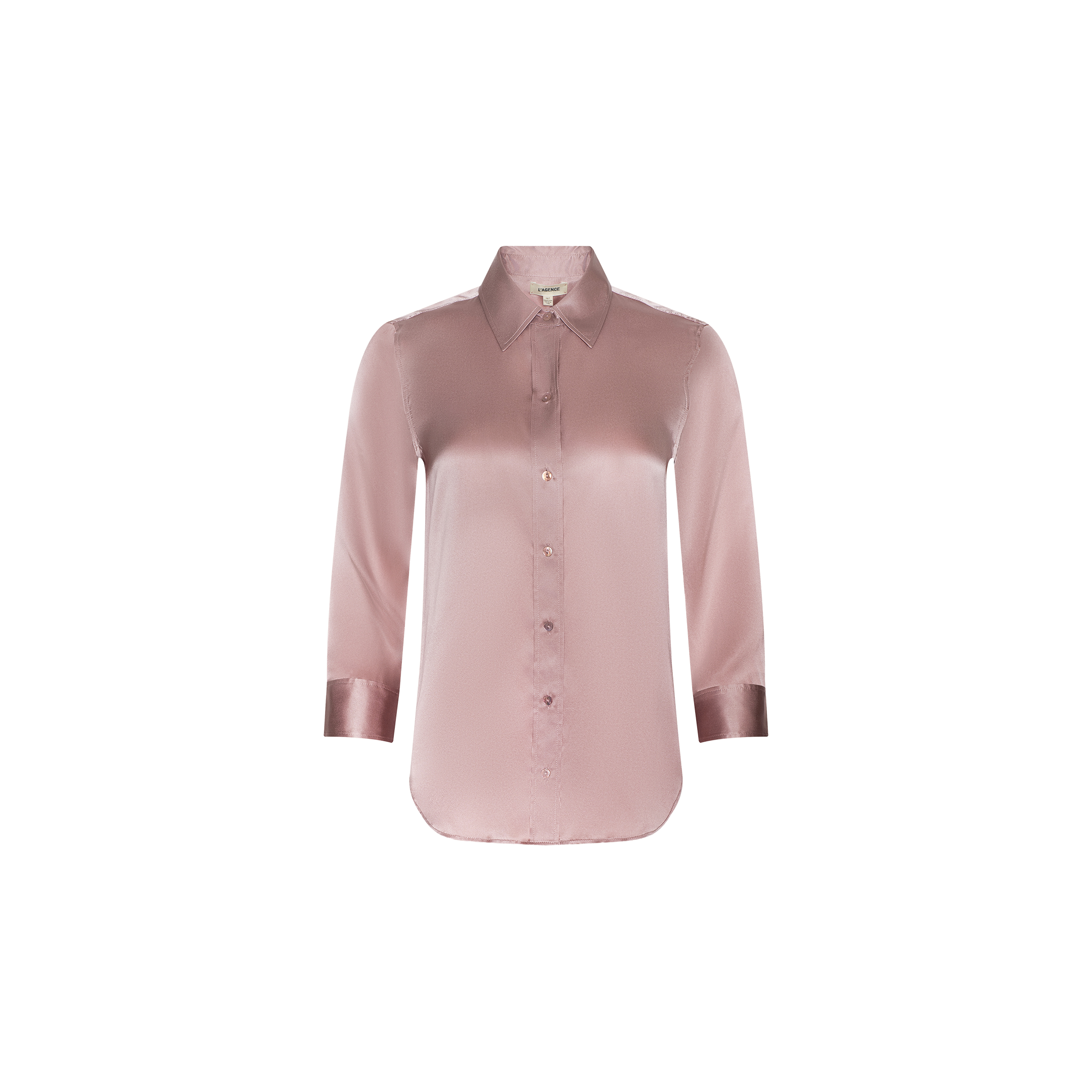 The Dani Silk Blouse is a light pink, 100 silk charmeuse button-up featuring long sleeves and a classic collar, displayed on a plain white background.