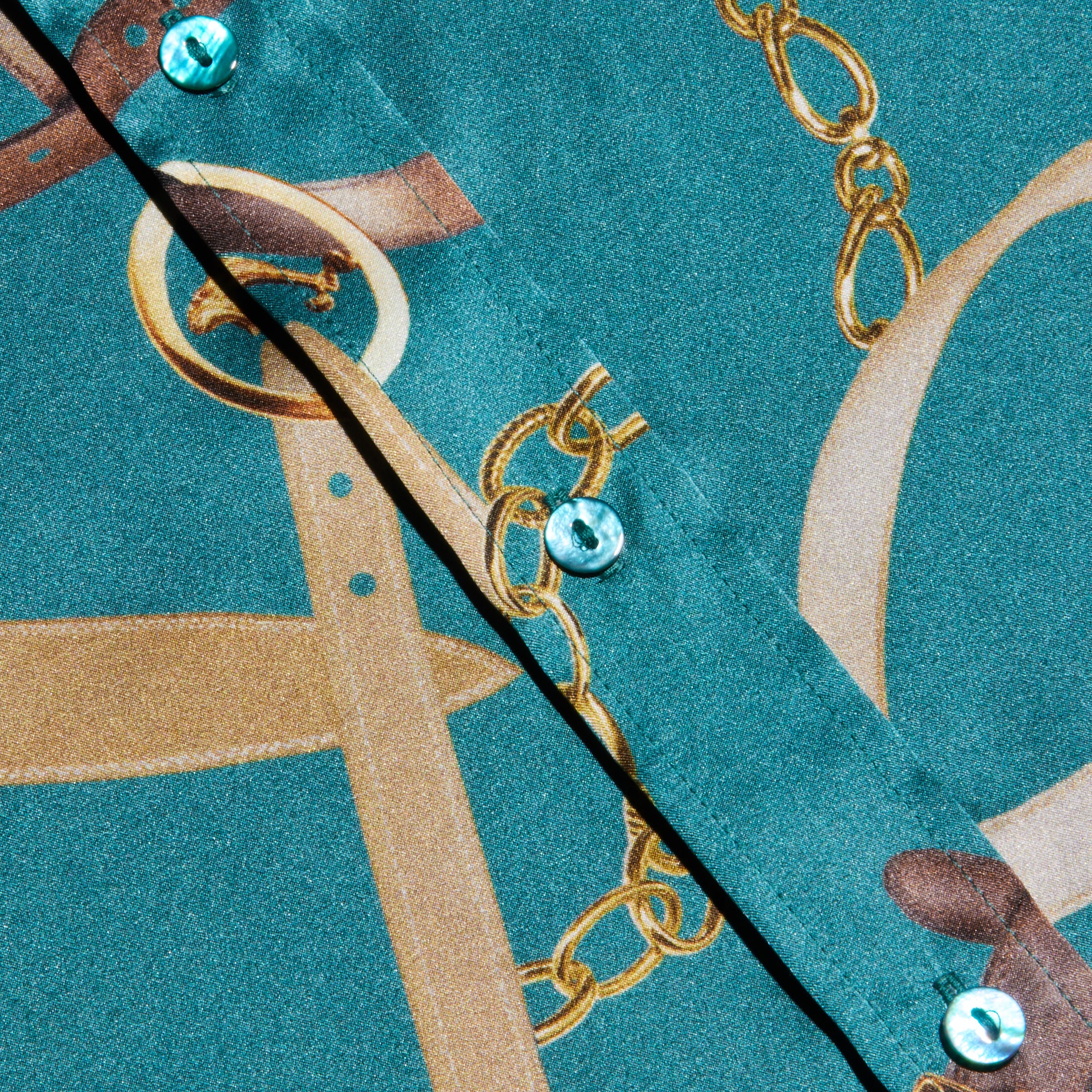 Close-up of the Dani Silk Blouse in teal, featuring shiny buttons and a printed pattern of gold chains and belts.