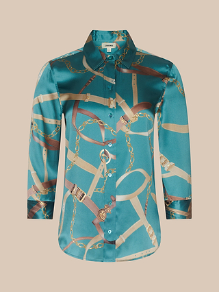 The Dani Silk Blouse in teal satin showcases a striking gold belt and chain print, complete with a collar, long sleeves, and a classic silk button-down front, displayed on a neutral background.