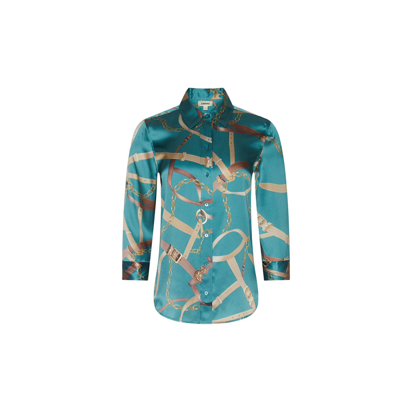 The Dani Silk Blouse is a teal satin button-up shirt adorned with a gold chain and teal belt print, showcasing a collared neckline and three-quarter sleeves, displayed on a plain white background.