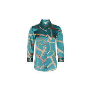 The Dani Silk Blouse is a teal satin button-up shirt adorned with a gold chain and teal belt print, showcasing a collared neckline and three-quarter sleeves, displayed on a plain white background.