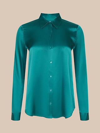 Tyler Silk Blouse in teal with long sleeves and a classic collar, displayed on a plain beige background.