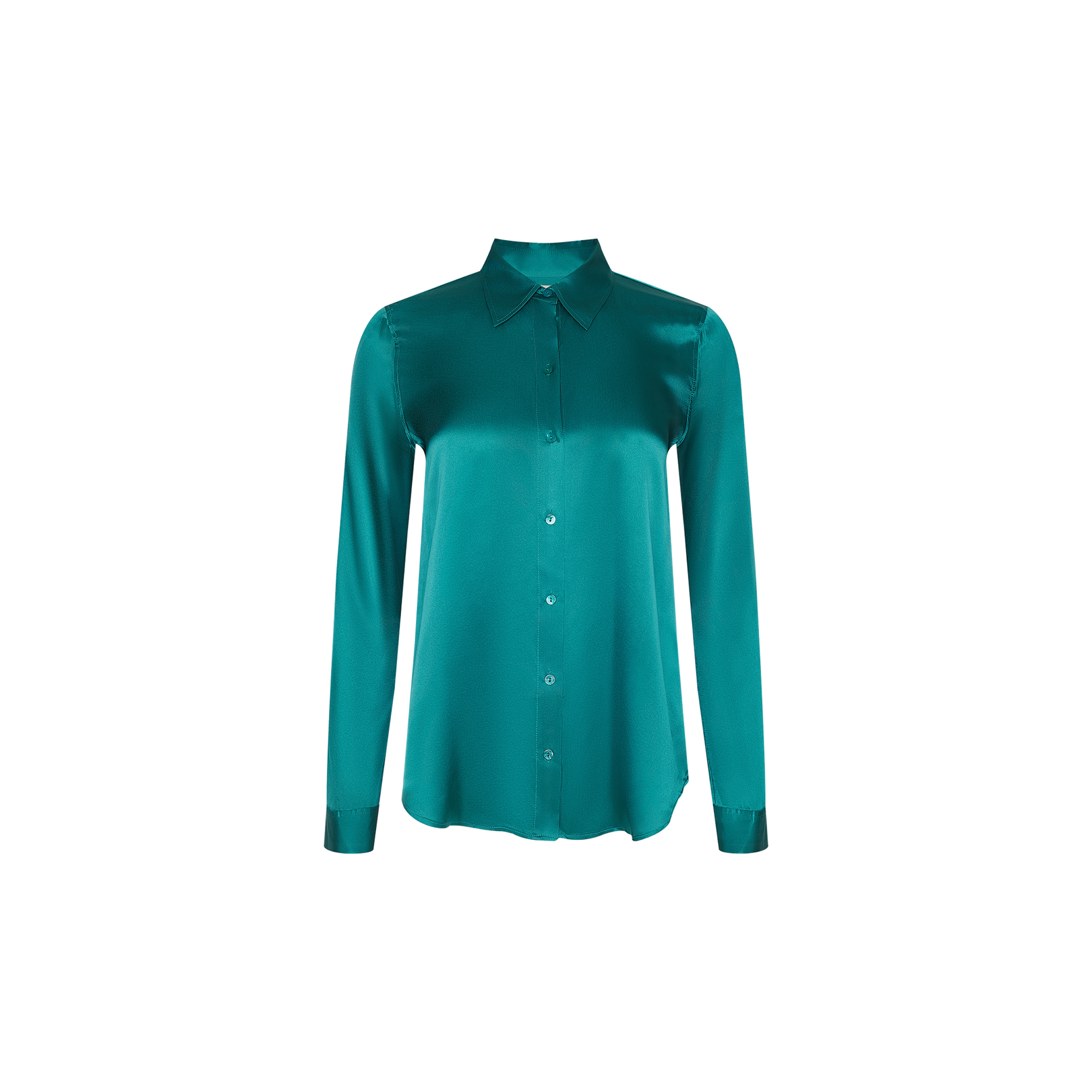 The Tyler Silk Blouse is a teal, long-sleeve button-down blouse featuring a classic collar and front buttons, displayed against a plain white background.