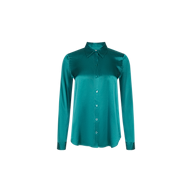 The Tyler Silk Blouse, in teal, is crafted from silk and features long sleeves, a button-up front, and a pointed collar. It is displayed on a plain white background.