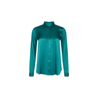 The Tyler Silk Blouse is a teal, long-sleeve button-down blouse featuring a classic collar and front buttons, displayed against a plain white background.