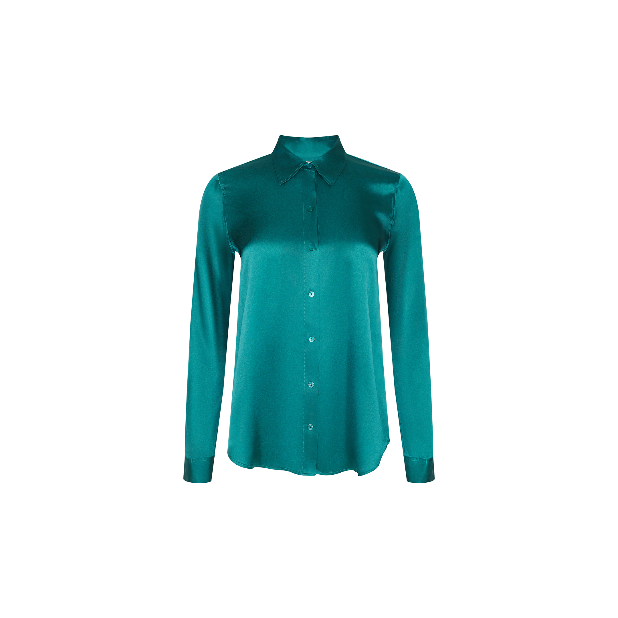 The Tyler Silk Blouse, in teal, is crafted from silk and features long sleeves, a button-up front, and a pointed collar. It is displayed on a plain white background.