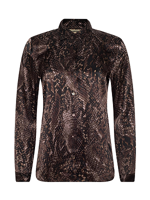 The Tyler Silk Blouse by L'AGENCE is a long-sleeve, collared button-down shirt in a dark brown and black snake print, shown buttoned at the front against a white background.
