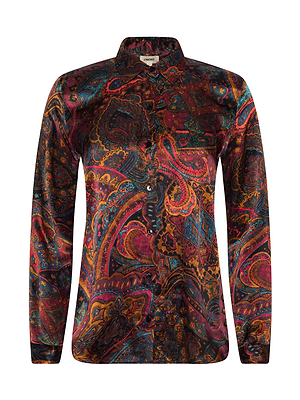 The Tyler Silk Blouse by L'AGENCE is a long-sleeve, button-down shirt with a multicolored paisley print in red, pink, orange, blue, and black. Made of shiny silk and featuring a classic collar for a standout look.
