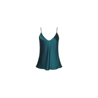 The Lexi Silk Camisole, shown in teal, features a bias-cut silhouette with thin adjustable straps and a subtly flared hem, set against a plain white background.