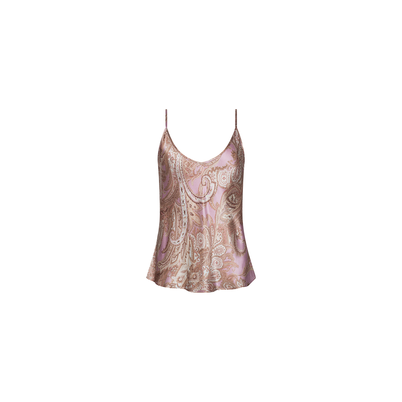 The Lexi Silk Camisole, featuring a pink and gold paisley pattern, is bias-cut with thin adjustable straps and shown against a plain white background.