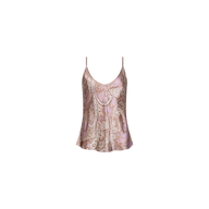 The Lexi Silk Camisole is a bias-cut top in pink and beige, featuring a paisley pattern and adjustable thin straps, shown against a plain white background.