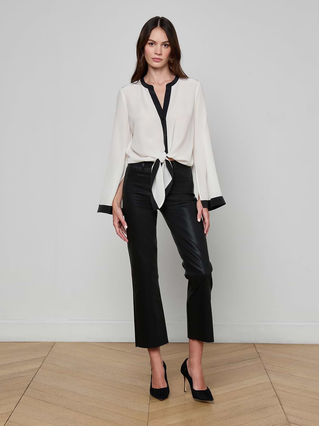 Charlize Silk Blouse in Ivory/Black | L'AGENCE