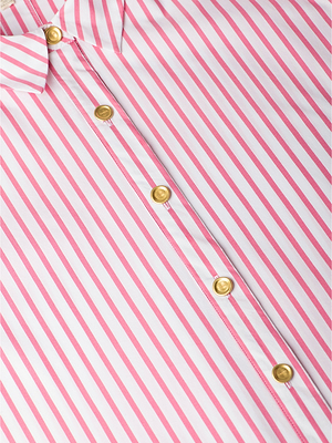 Close-up of the Cosette Shirt by L'AGENCE in pink and white stripes, showcasing gold front buttons and a partial view of its classic collar.