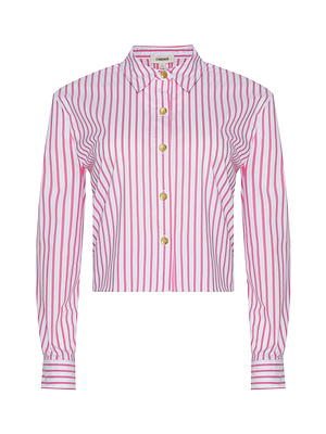The Cosette Shirt by L'AGENCE is a classic tailored piece with cuffed sleeves, vertical pink and white stripes, gold buttons, and a crisp collar.