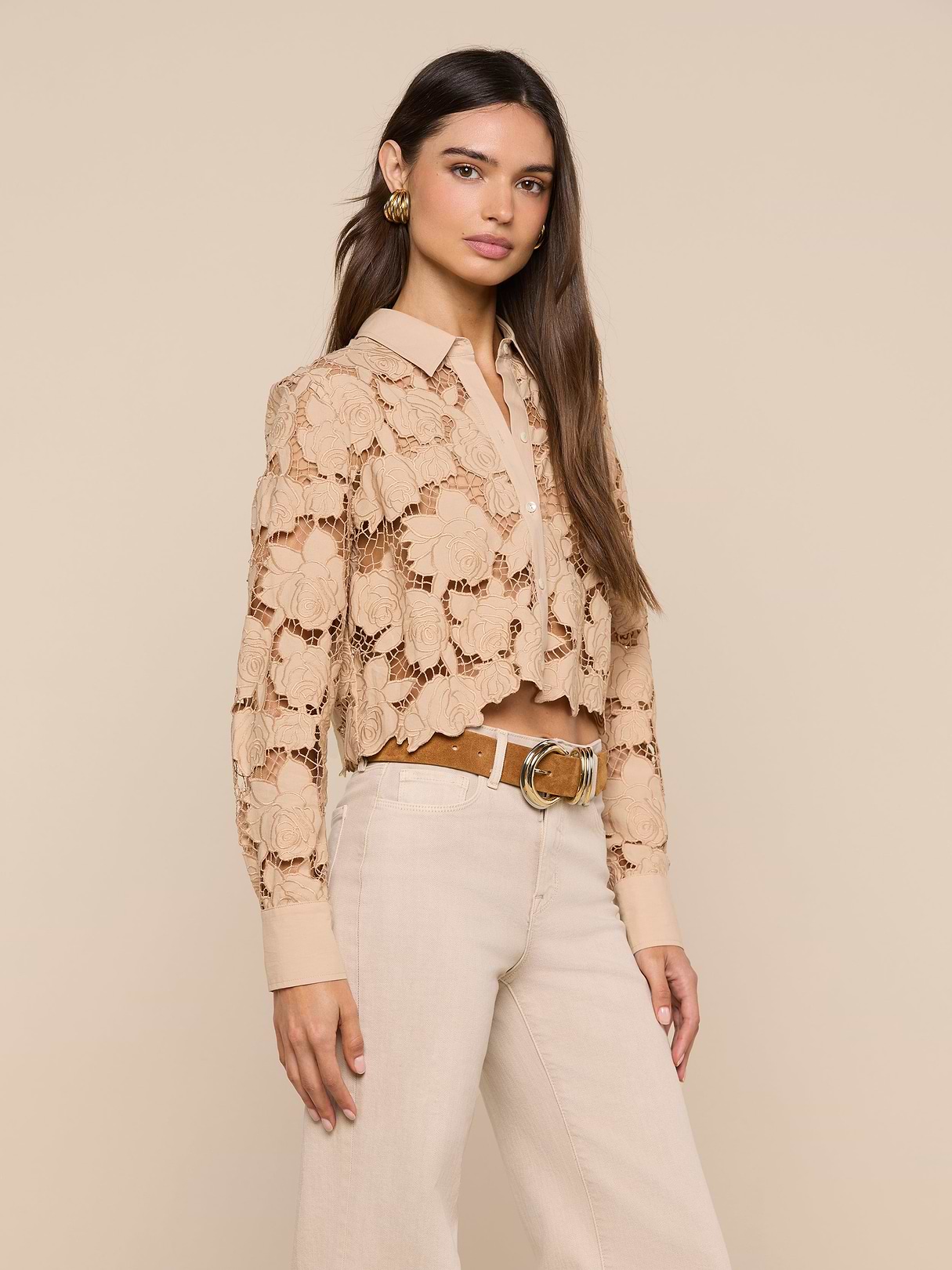 Seychelle Cropped Eyelet Blouse in Almond | L'AGENCE