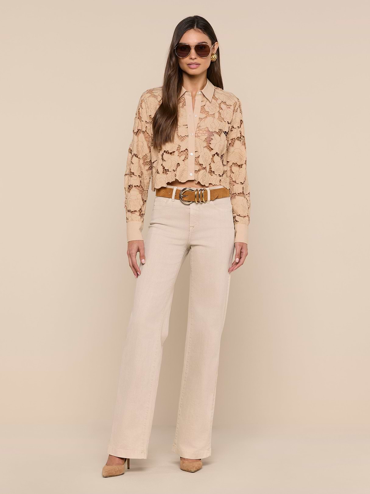 Seychelle Cropped Eyelet Blouse in Almond | L'AGENCE