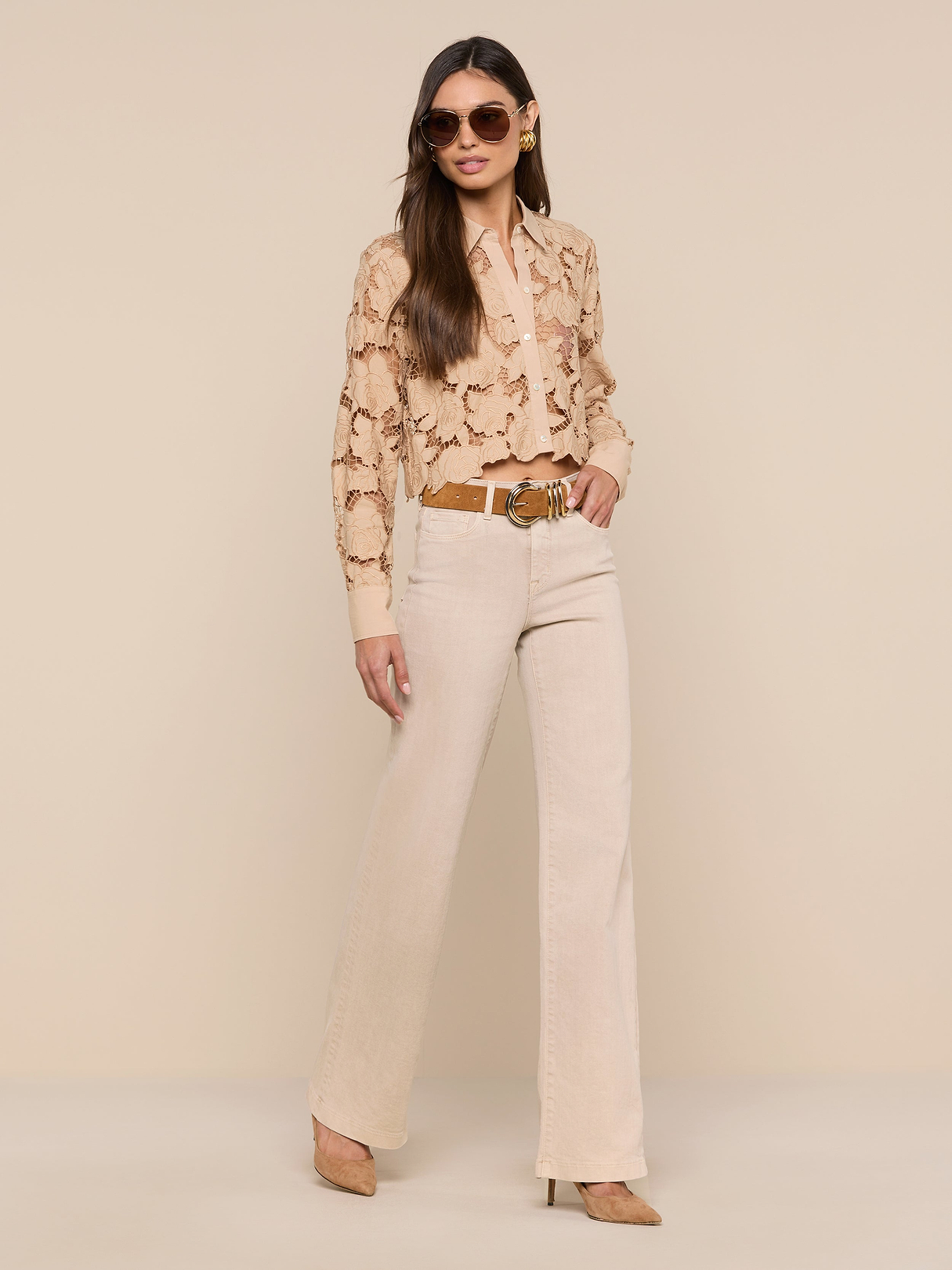 Seychelle Cropped Eyelet Blouse in Almond | L'AGENCE