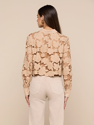 A woman stands with her back to the camera, wearing the Seychelle Cropped Eyelet Blouse and high-waisted light beige pants, set against a plain beige background.
