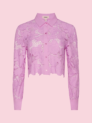La camicetta corta Seychelle con ricami traforati è un top a maniche lunghe color rosa peonia, caratterizzato da motivi floreali in pizzo, un colletto classico e polsini a tinta unita. Questa camicetta abbottonata presenta una linea corta che le conferisce un look elegante.
