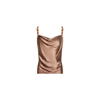 The Lux Silk Buckle-Strap Camisole features a bronze satin finish, a draped cowl neckline, and adjustable vegan leather straps, displayed against a plain white background.