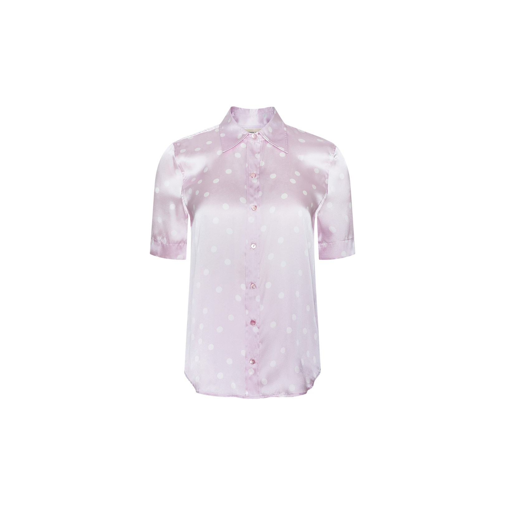 Ellah Silk Blouse in light pink with white polka dots, featuring short sleeves, a classic collar, and button-down front, displayed against a plain white background.