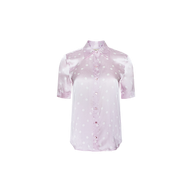 Ellah Silk Blouse in light pink with white polka dots, featuring short sleeves, a classic collar, and button-down front, displayed against a plain white background.