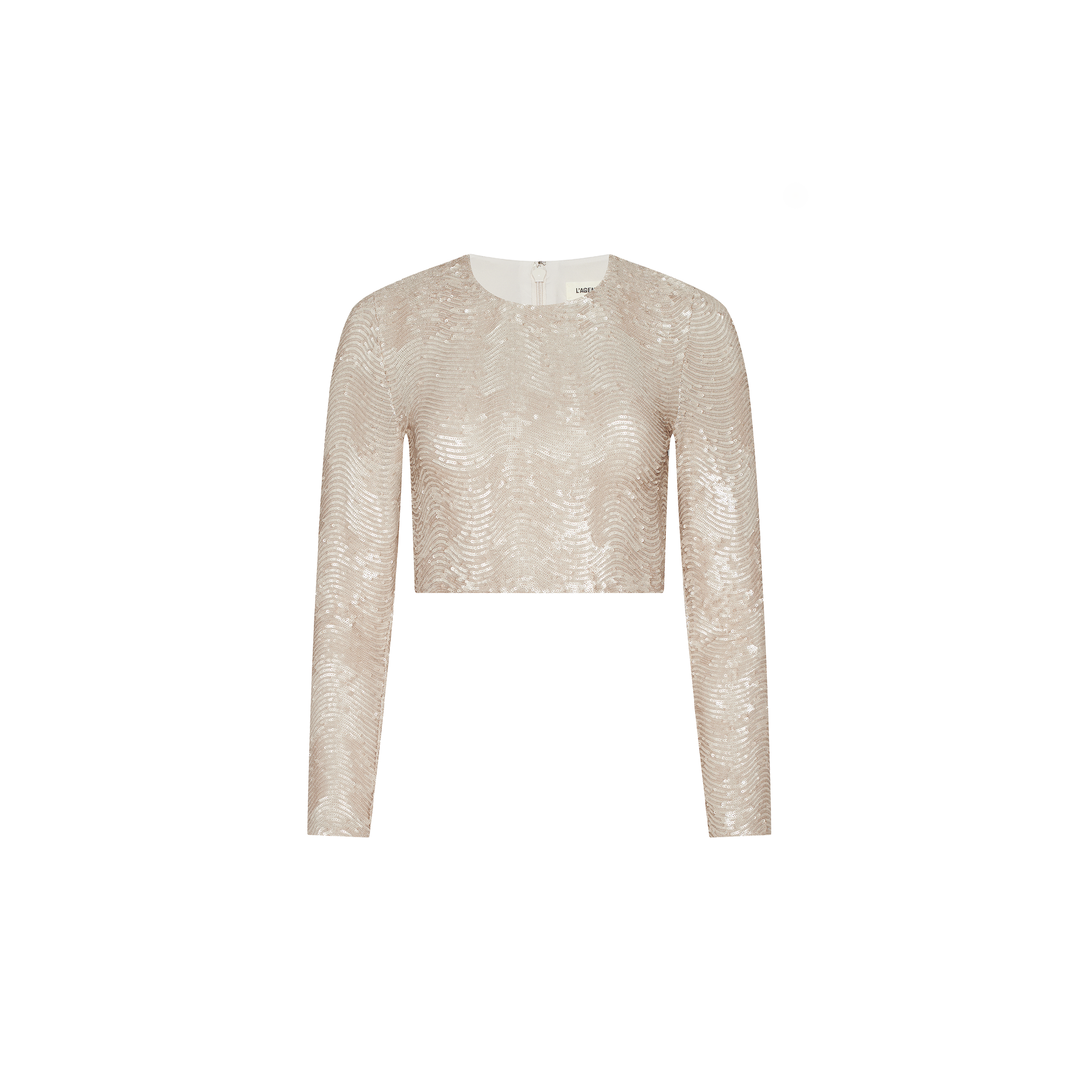 The Rogan Sequin Top is a long-sleeve crop top, perfect for parties, featuring light beige champagne sequins and shown against a plain white background.