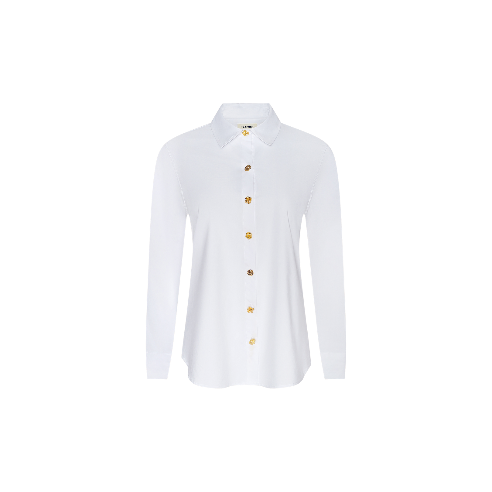 The Ellery Button-Down Shirt is a white, long-sleeve collared shirt featuring gold buttons and crafted from an organic cotton-blend for a relaxed fit, shown against a plain white background.