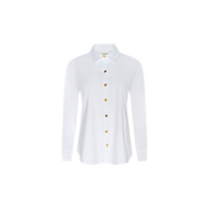 The Ellery Button-Down Shirt is a white, long-sleeve collared shirt featuring gold buttons and crafted from an organic cotton-blend for a relaxed fit, shown against a plain white background.
