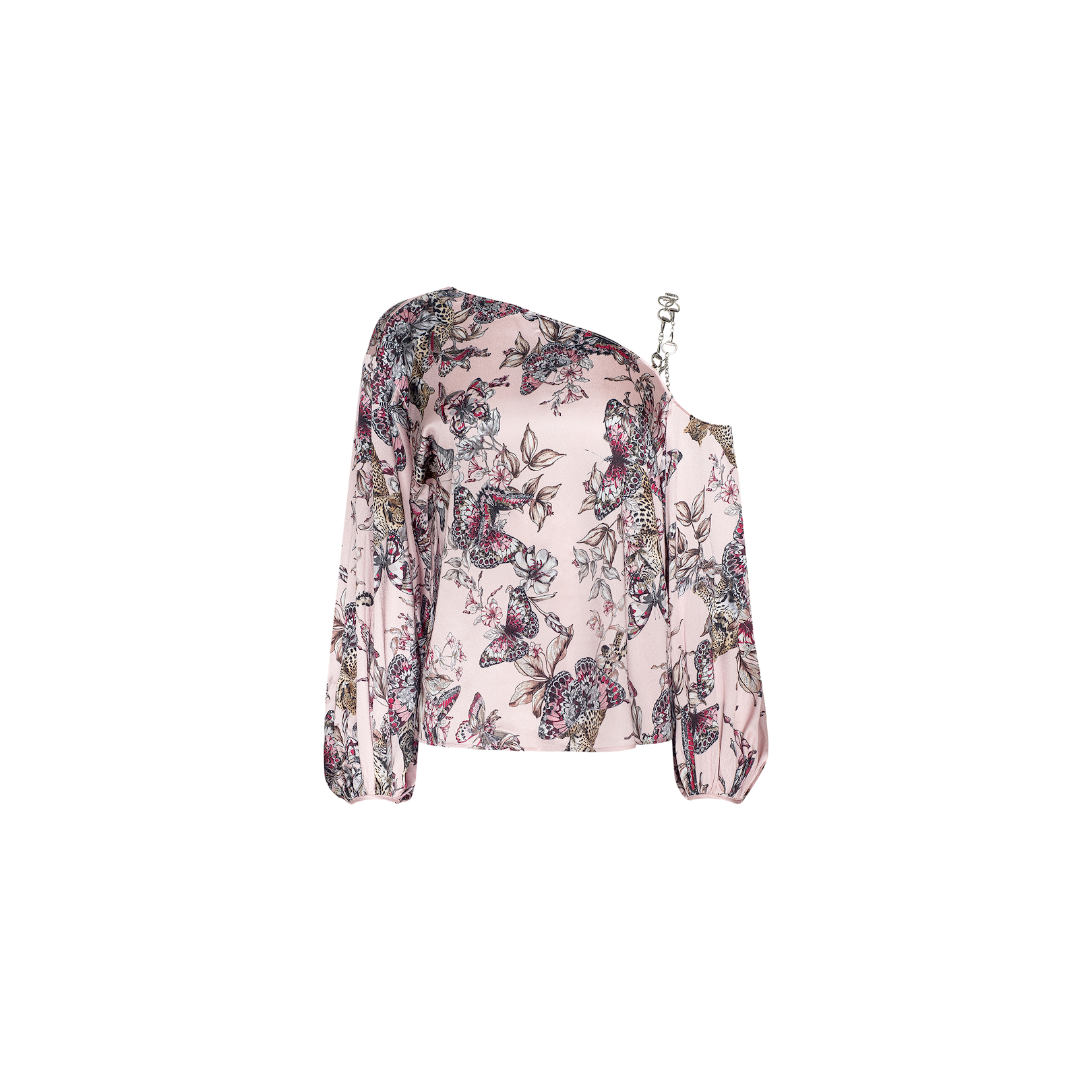 The Asami Chain One-Shoulder Blouse is a pink, floral top adorned with a butterfly jungle print, featuring a long left sleeve and a decorative chain accent strap on the right, shown against a plain white background.