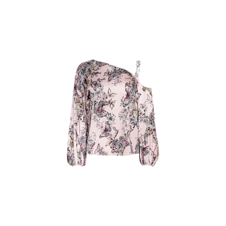 The Asami Chain One-Shoulder Blouse is a pink, floral top adorned with a butterfly jungle print, featuring a long left sleeve and a decorative chain accent strap on the right, shown against a plain white background.