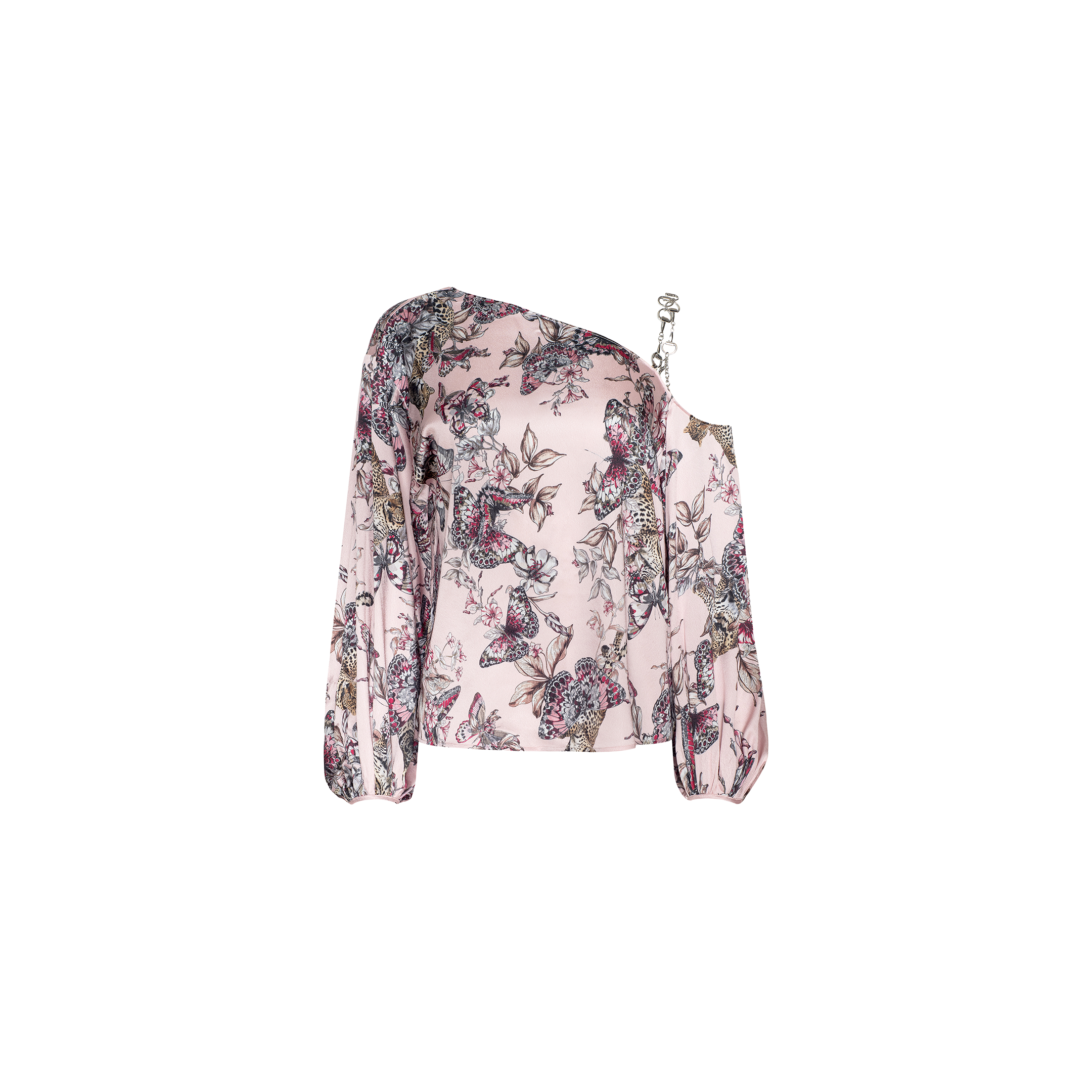 The Asami Chain One-Shoulder Blouse features a pink butterfly jungle print with long sleeves, an asymmetrical design, and a decorative chain strap detail on one shoulder.