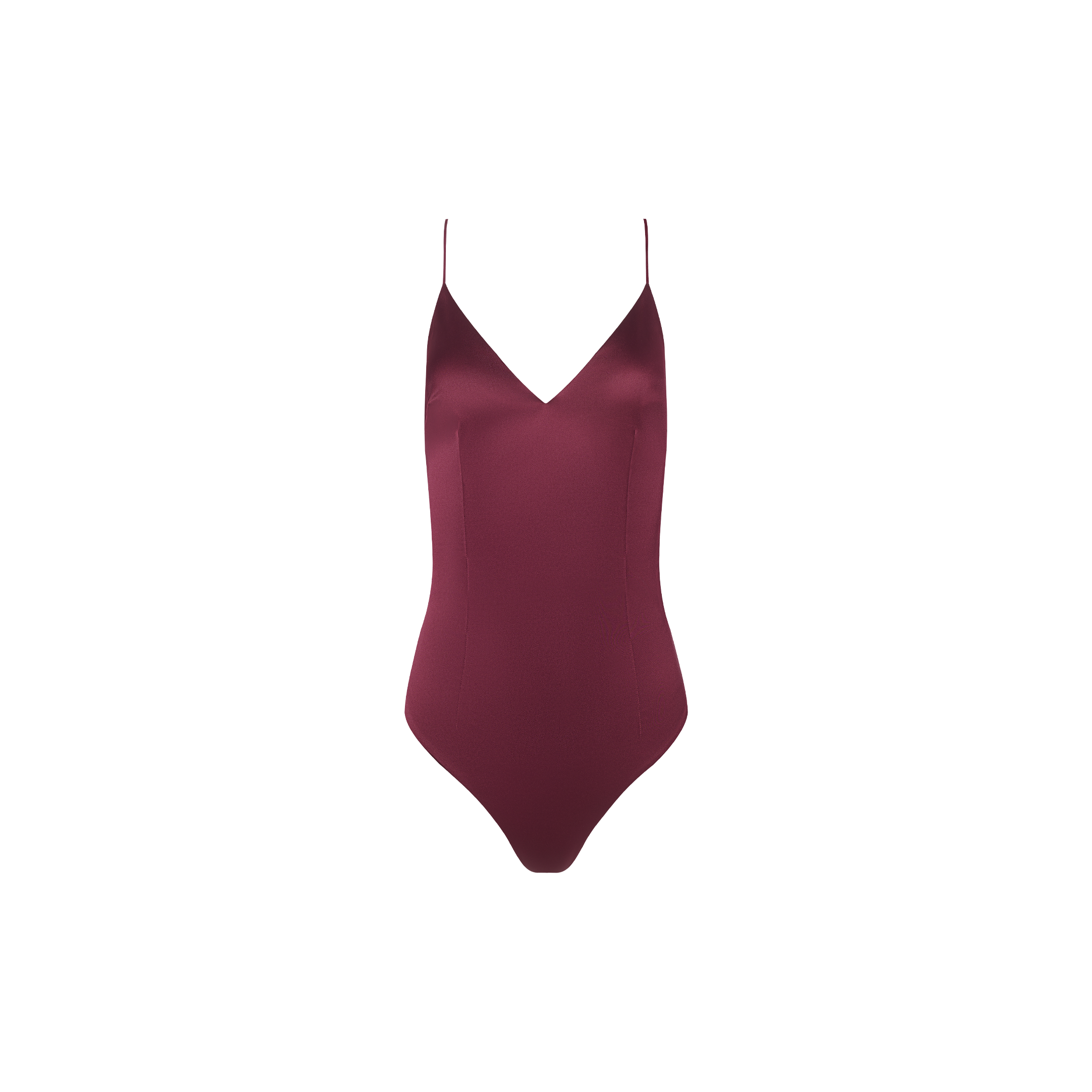 The Dara Stretch-Satin Bodysuit, featuring adjustable straps and a V-neckline in burgundy, is displayed against a plain white background.
