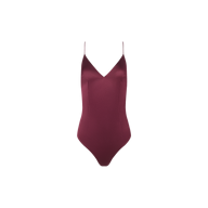 The Dara Stretch-Satin Bodysuit, featuring adjustable straps and a V-neckline in burgundy, is displayed against a plain white background.