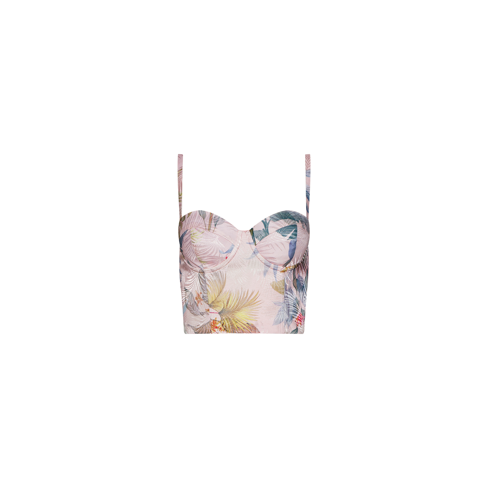 The Sonya Bustier is a pastel crop top with thin straps and a sweetheart neckline, crafted from lightweight twill fabric featuring a palm leaf and floral print on a light background.