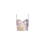 The Sonya Bustier is a pastel crop top with thin straps and a sweetheart neckline, crafted from lightweight twill fabric featuring a palm leaf and floral print on a light background.