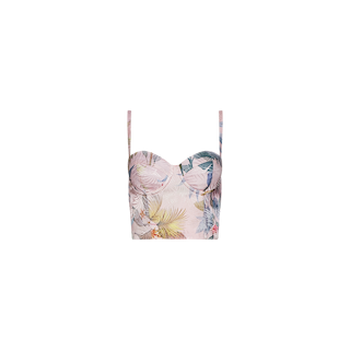 The Sonya Bustier is a cropped top with thin straps, showcasing a pastel tropical palm leaf print in pink, yellow, green, and blue hues. Crafted from lightweight twill, it is presented against a plain white background.