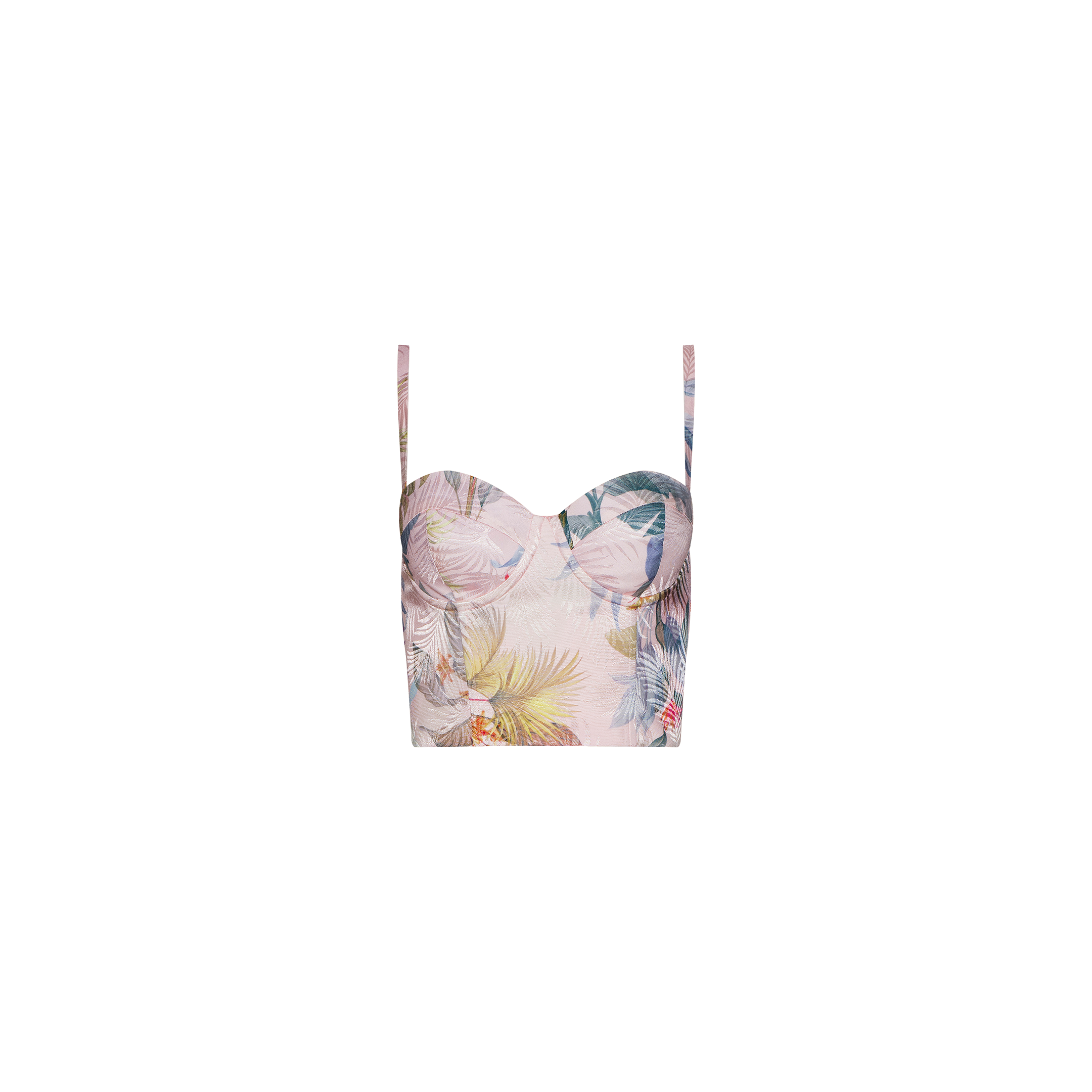 The Sonya Bustier is a pastel crop top with thin straps and a sweetheart neckline, crafted from lightweight twill fabric featuring a palm leaf and floral print on a light background.