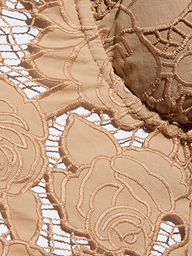 Close-up of beige floral lace fabric from the Sonya Bustier, showcasing intricate embroidered flower patterns and open mesh sections against a white background, reminiscent of the delicate detailing often found on a bustier top.