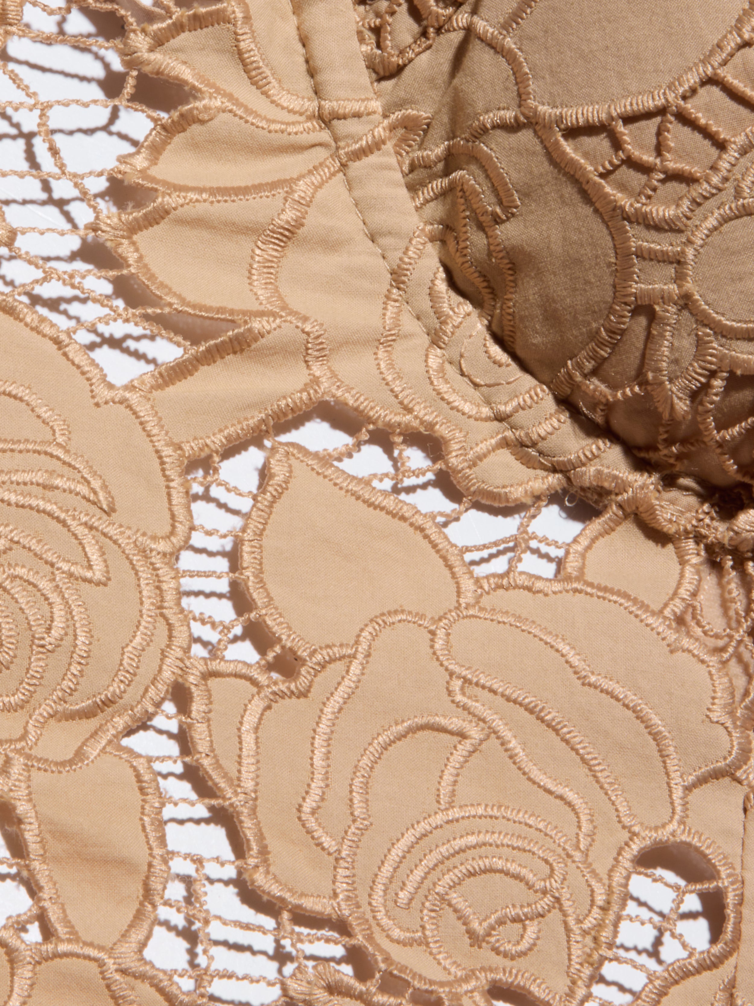 Close-up of beige floral lace fabric from the Sonya Bustier, showcasing intricate embroidered flower patterns and open mesh sections against a white background, reminiscent of the delicate detailing often found on a bustier top.