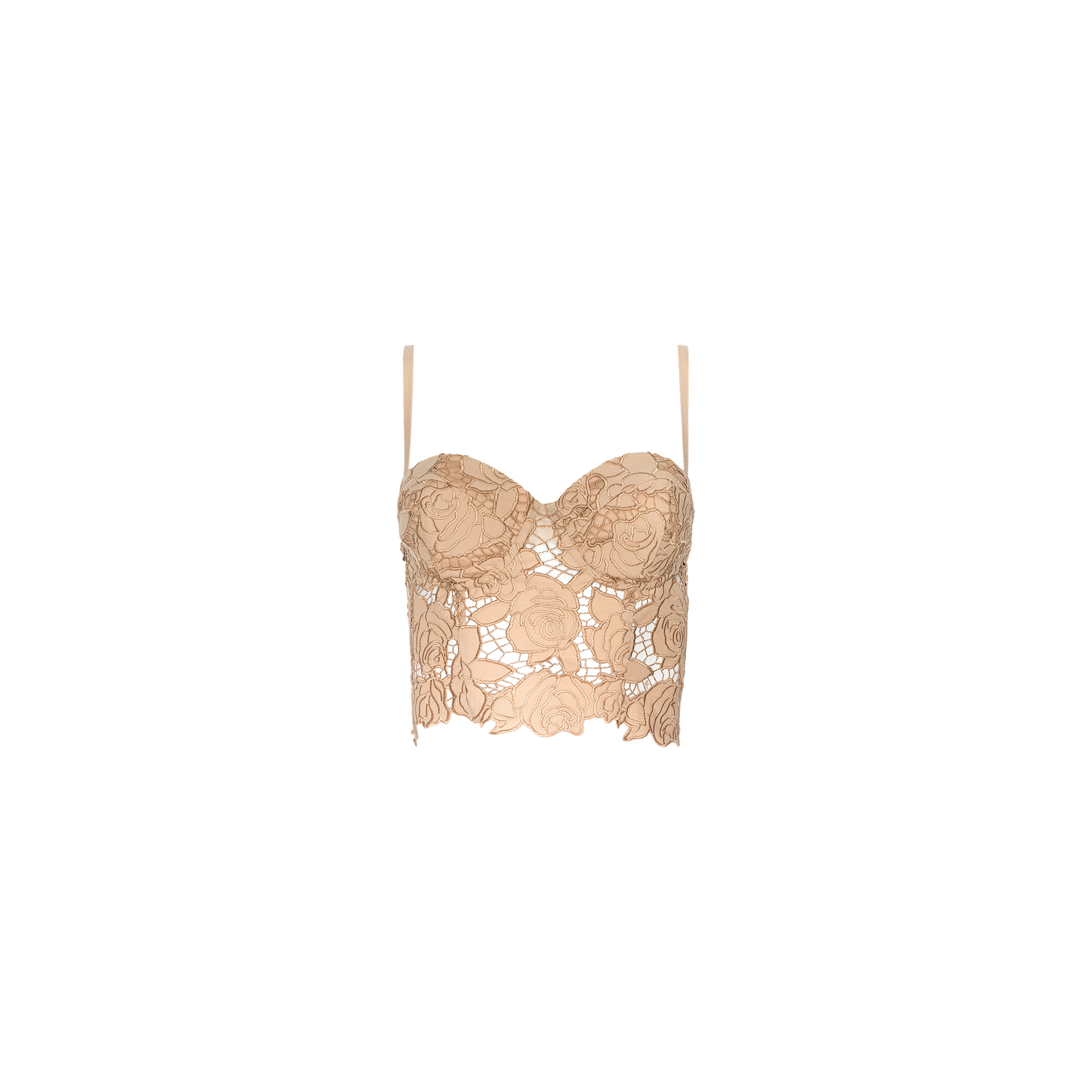 The Sonya Bustier, a beige lace crop top featuring floral patterns and thin adjustable straps in a bustier style, is displayed on a plain white background.
